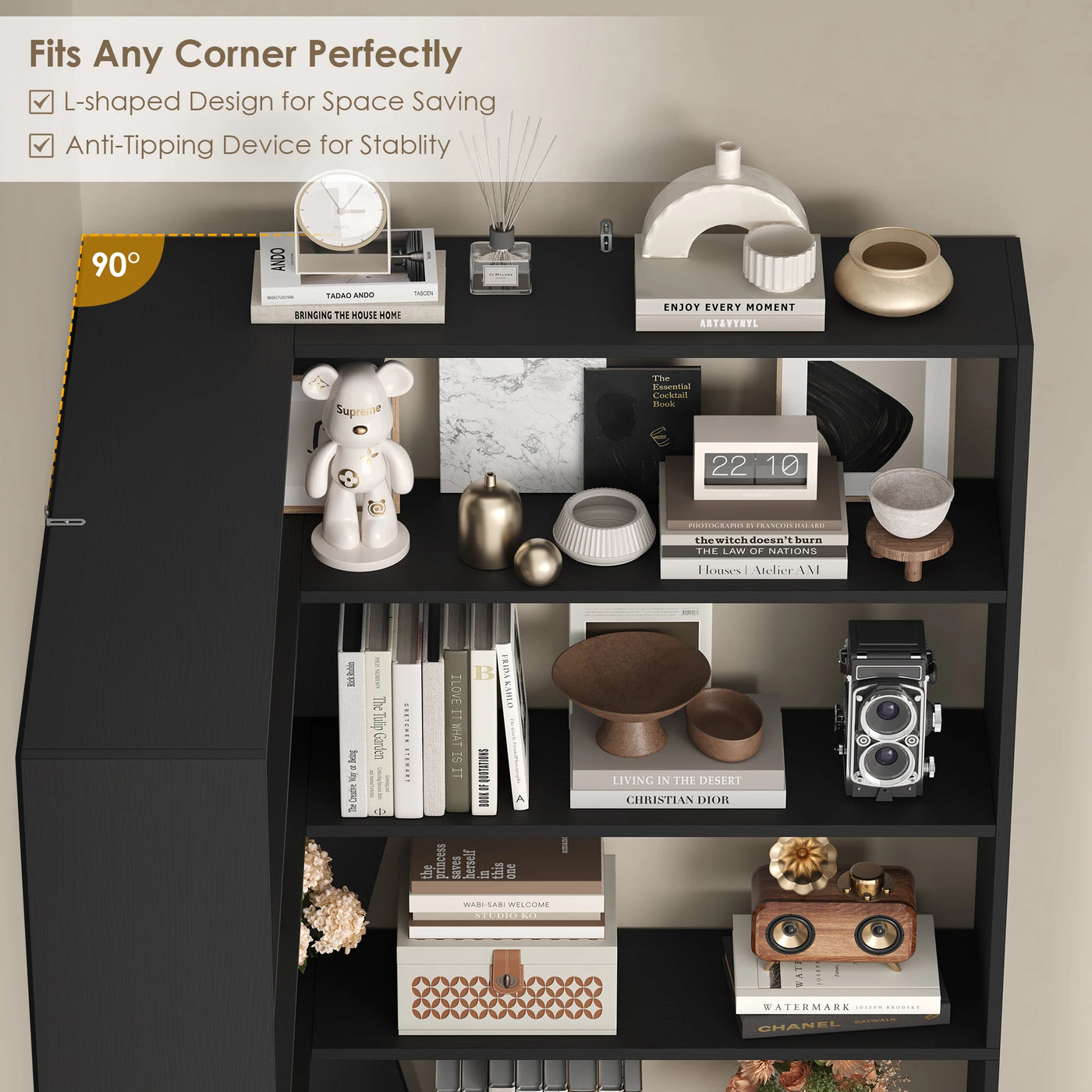 Getone 190cm bookshelf, high corner shelf with 6 levels, books wardrobe corner bookshelf living room, study 90x90x190.5cm