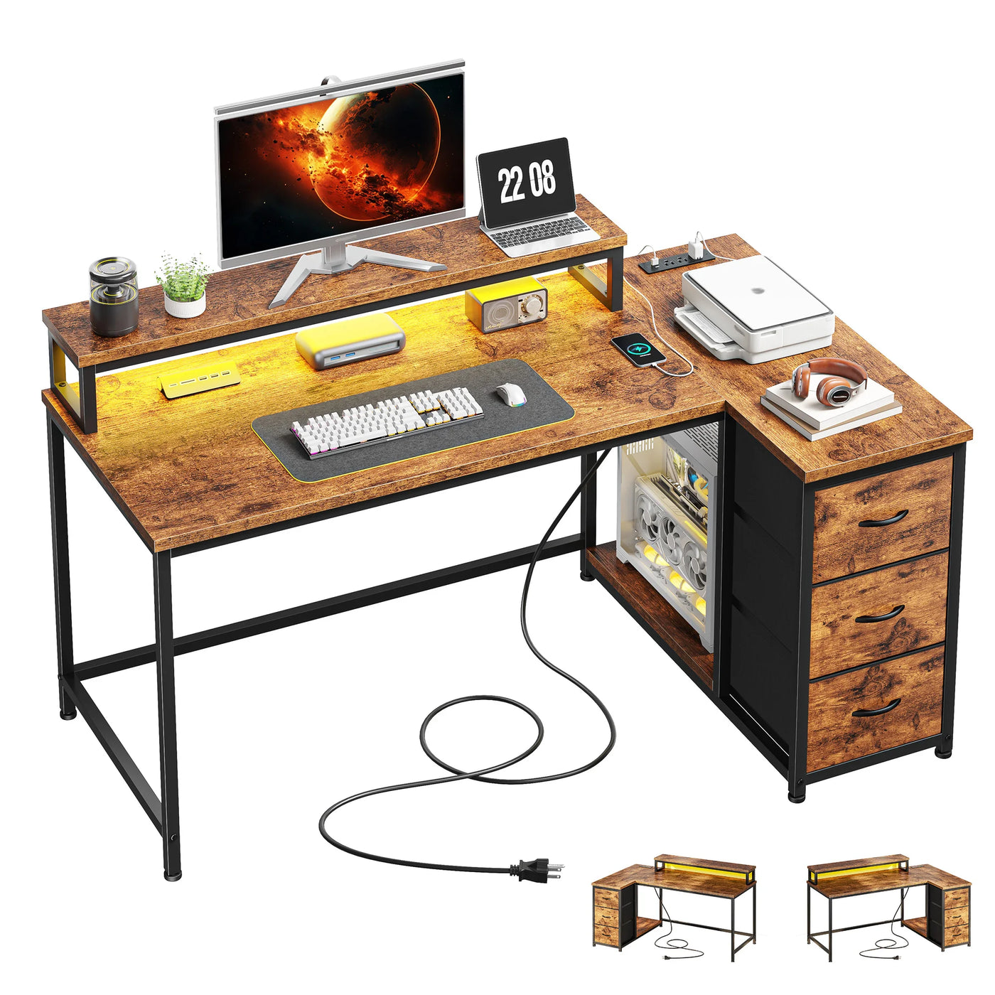 EnHomee  40" L-Shaped Computer Desk with Monitor Stand & 3 Drawers Gaming Desk with Power Outlet and LED Lights for Gaming Home Office