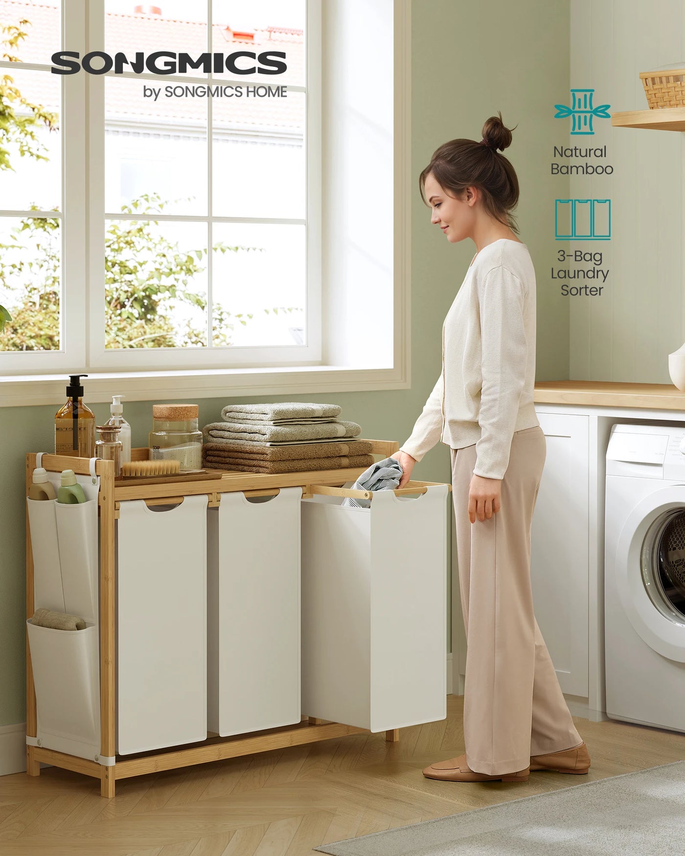 SONGMICS Laundry Basket with 3 Compartments, Laundry Hamper, Holds up to 150 L, Laundry Sorter, with Shelf, Laundry Bag