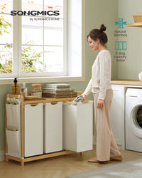 SONGMICS Laundry Basket with 3 Compartments, Laundry Hamper, Holds up to 150 L, Laundry Sorter, with Shelf, Laundry Bag