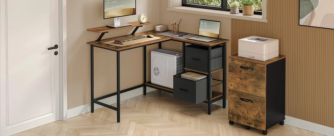 VASAGLE L-Shaped Desk with 2 Spacious Drawers, Gaming Desk with Monitor Stand, Corner Desk, Computer Desk, 135x105x89cm