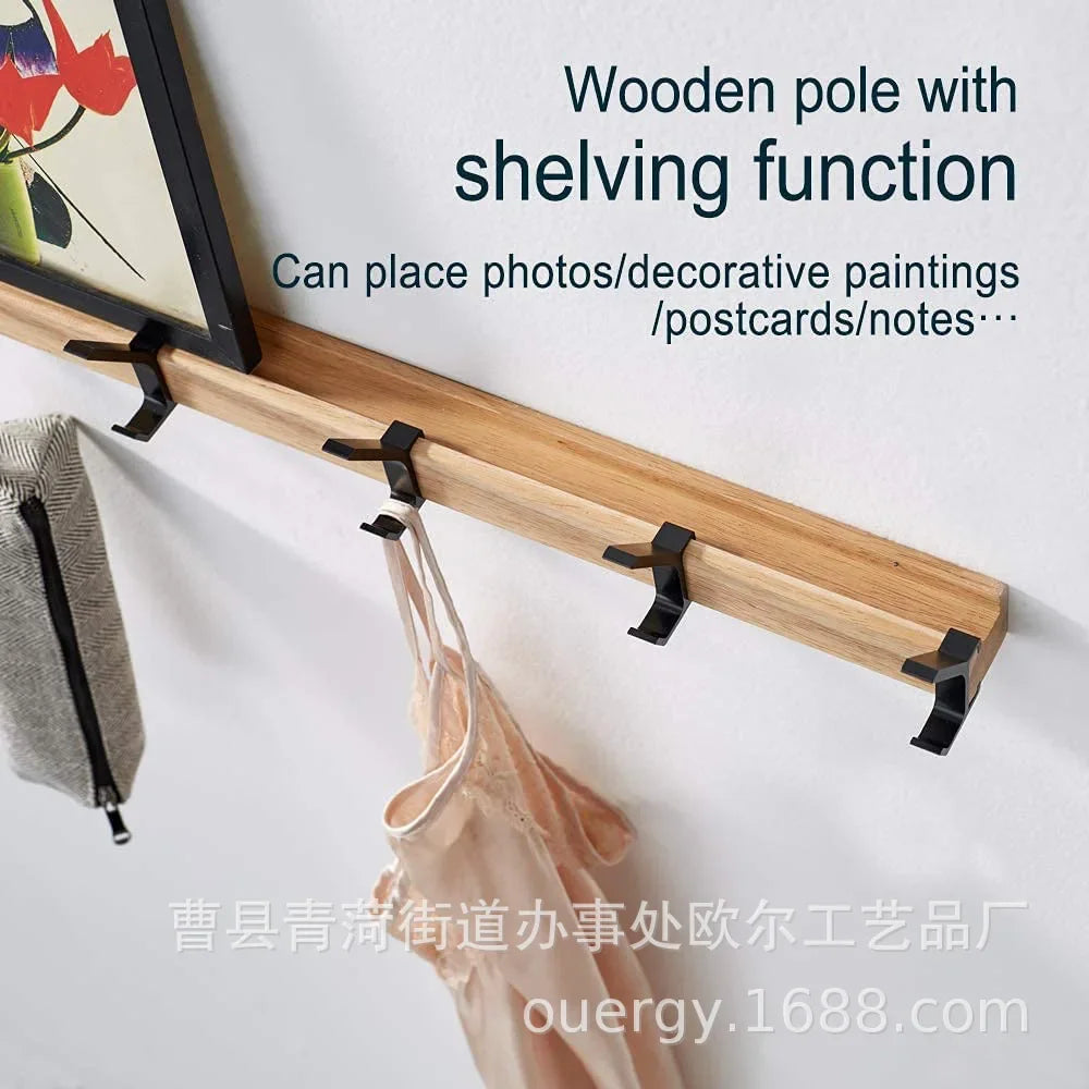 Nordic Wall Mounted Coat Rack with Movable 5 Hooks Aluminum Clothing Rail for Hat Towel Robes Wooden Hanger Perchero Furniture