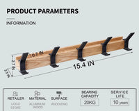 Nordic Wall Mounted Coat Rack with Movable 5 Hooks Aluminum Clothing Rail for Hat Towel Robes Wooden Hanger Perchero Furniture