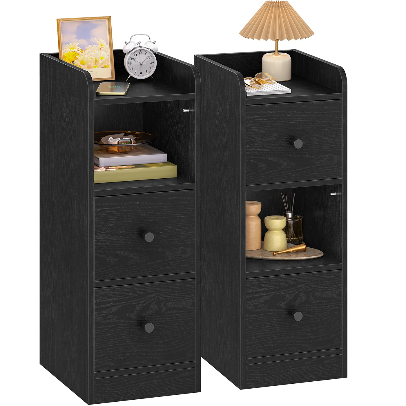 Slim Bedside Table, Narrow Side Table with 2 Drawers, Bedside Cabinet with Open Compartment, Adjustable Drawer Position